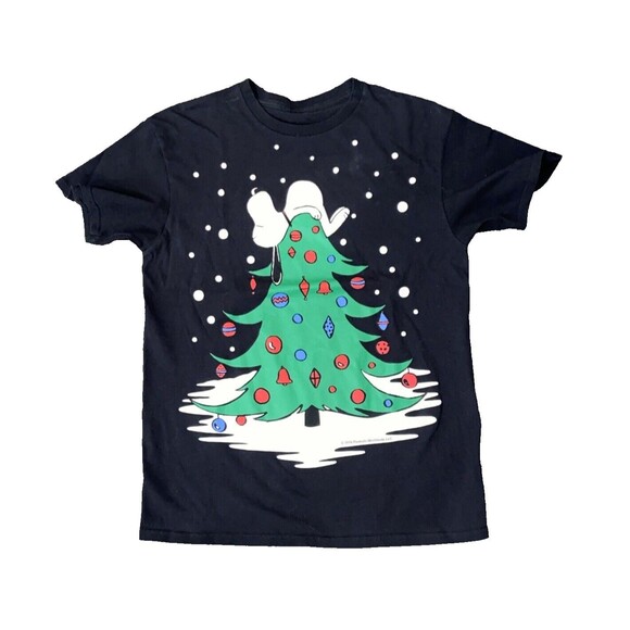 Peanuts Snoopy Christmas Tree 2016 T-Shirt Sz S/M Black Graphic Falling Snow Dog - Picture 1 of 9
